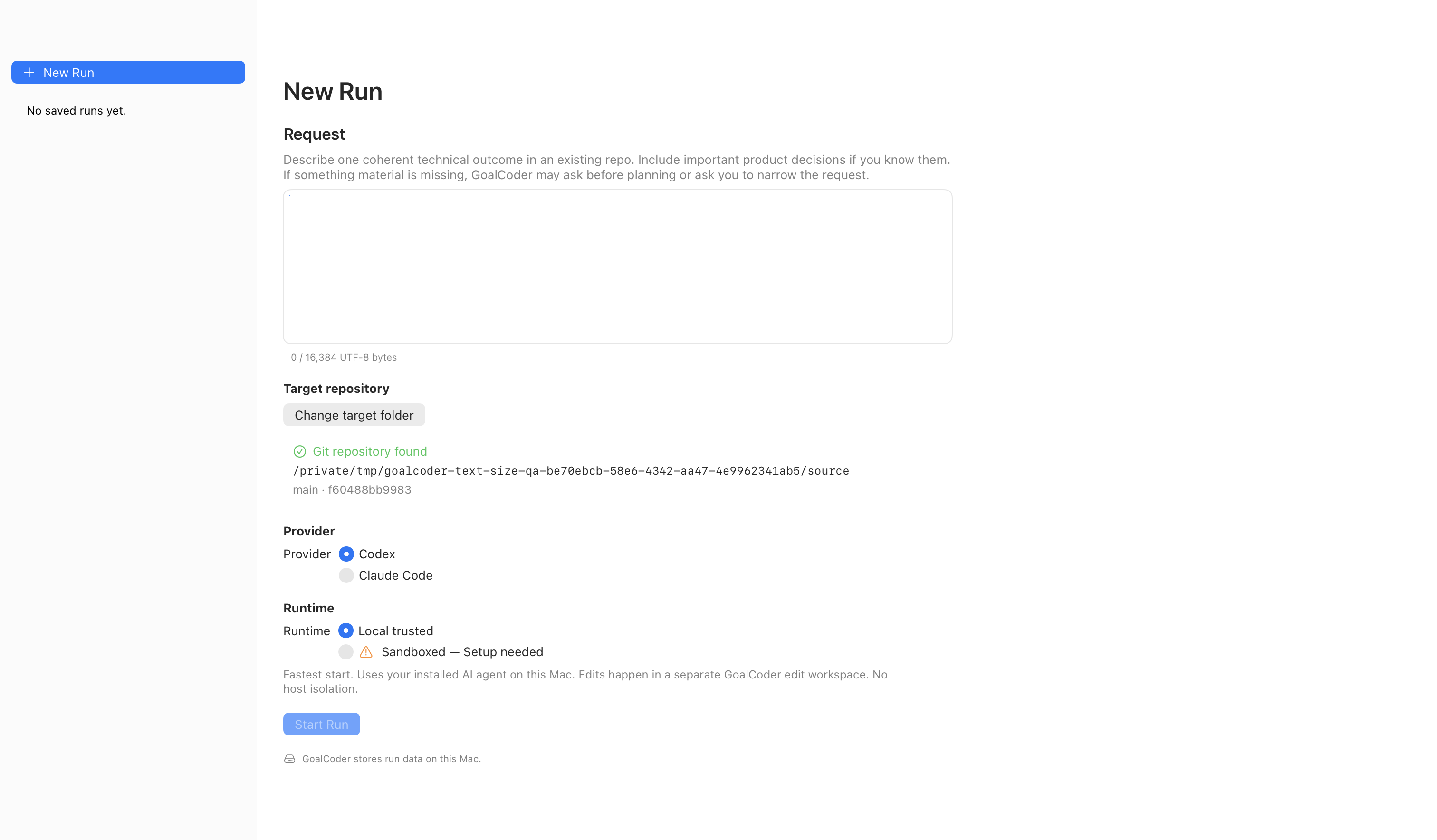 GoalCoder New Run screen showing request, target repository, provider, and runtime choices