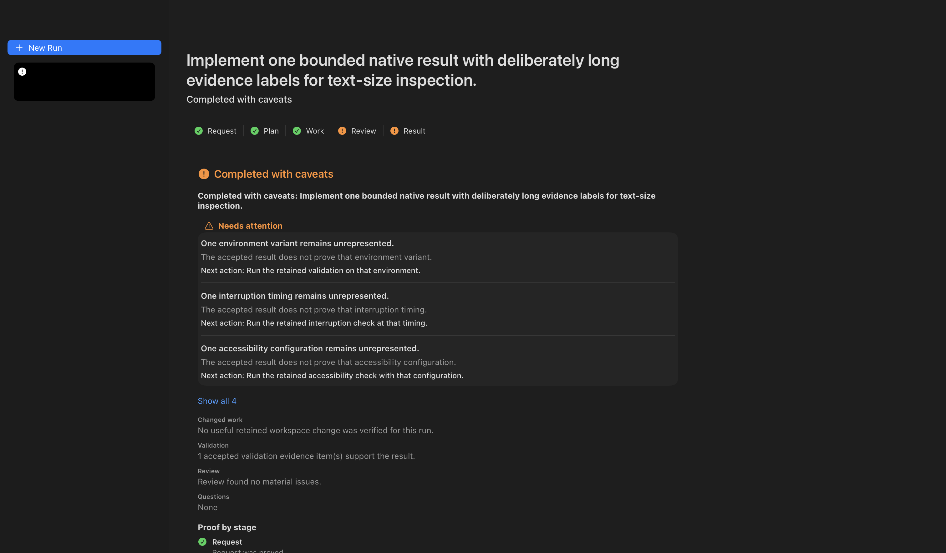 GoalCoder completed result screen showing lifecycle stages, caveats, validation evidence, and next actions